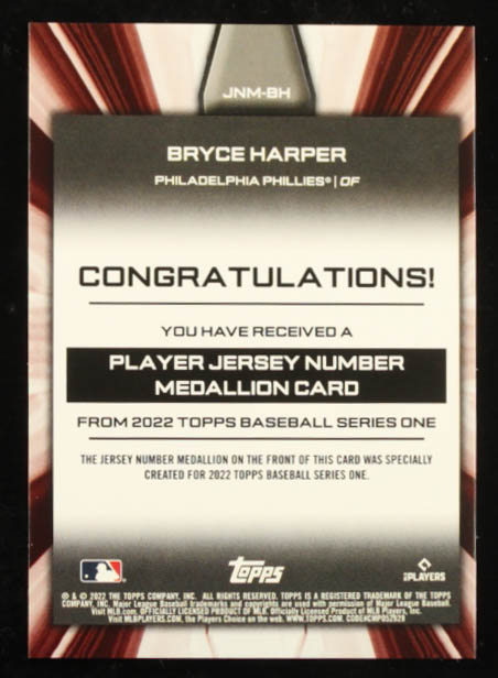Bryce Harper 2022 Topps Commemorative Player Jersey Number Medallions #JNMBH at PristineAuction.com Bryce Harper 2022 Topps Commemorative Player Jersey Number Medallions #JNMBH at PristineAuction.com