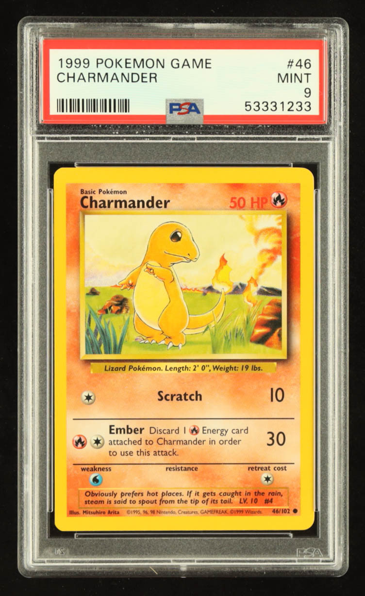 Charmander 1999 Pokemon Base Unlimited #46 (PSA 9) at PristineAuction.com Charmander 1999 Pokemon Base Unlimited #46 (PSA 9) at PristineAuction.com