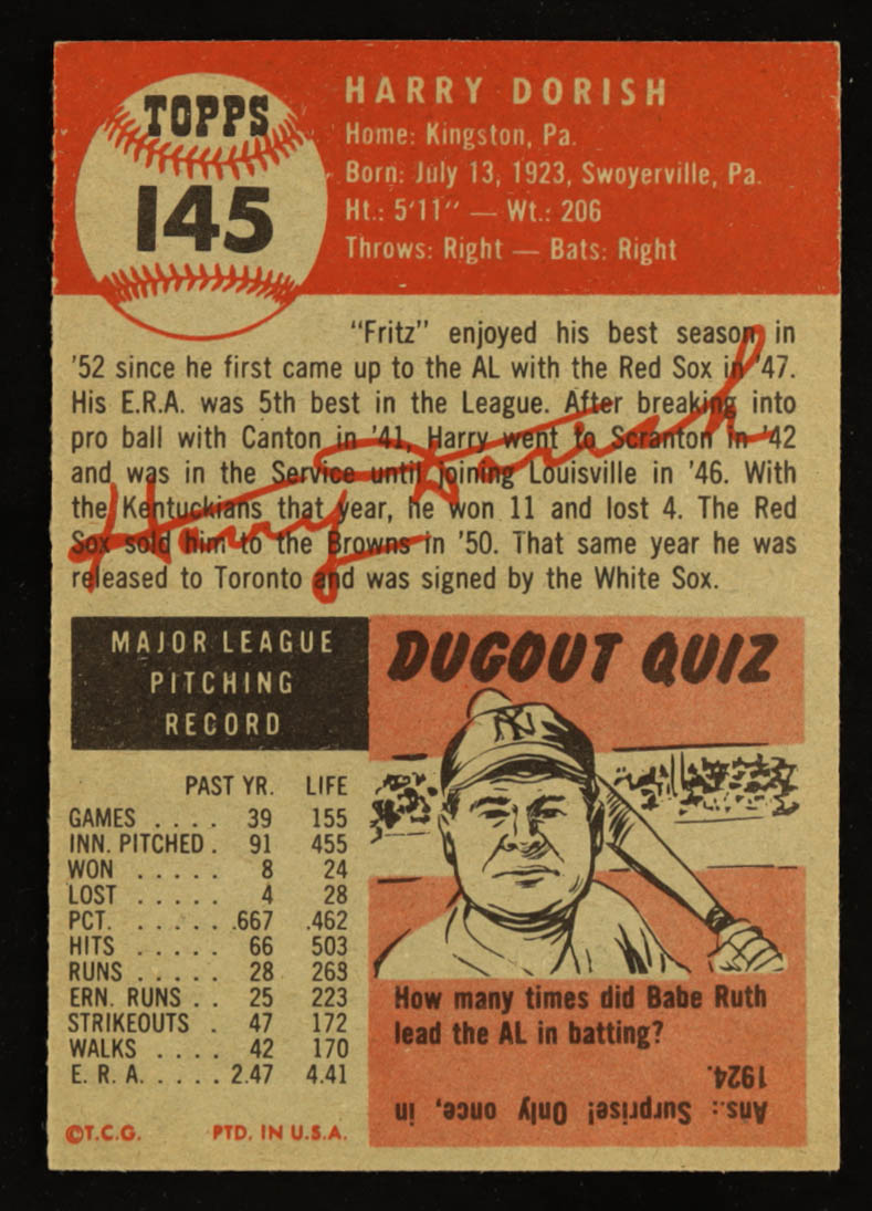 Harry Dorish 1953 Topps #145 DP at PristineAuction.com Harry Dorish 1953 Topps #145 DP at PristineAuction.com