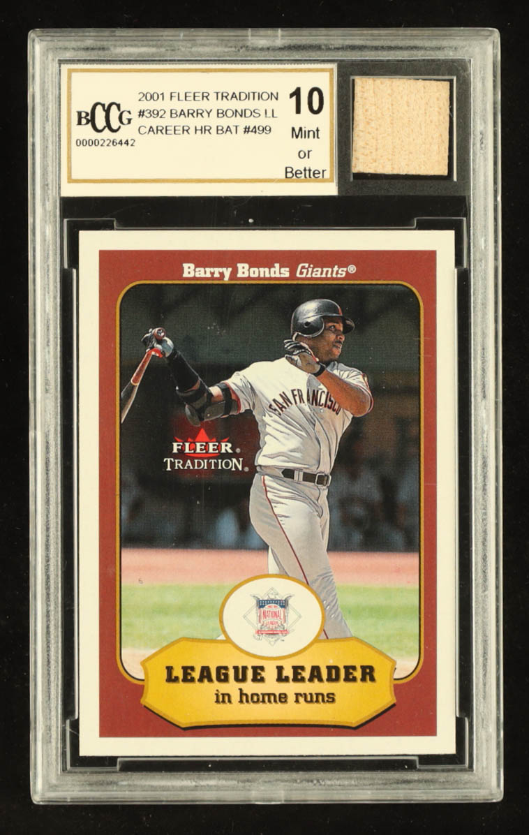 Barry Bonds 2001 Fleer Tradition #392 LL with Game-Used Bat Piece (BCCG 10) at PristineAuction.com Barry Bonds 2001 Fleer Tradition #392 LL with Game-Used Bat Piece (BCCG 10) at PristineAuction.com