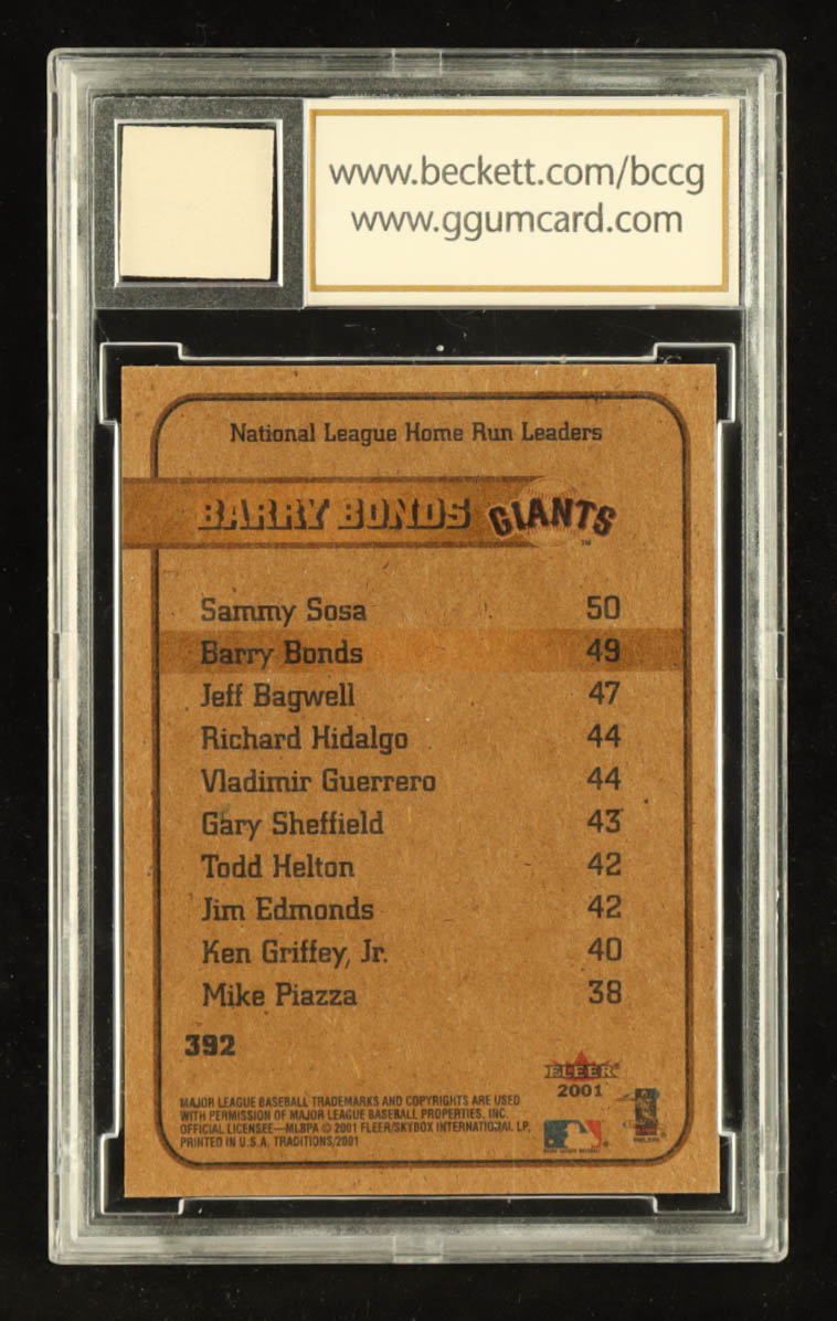 Barry Bonds 2001 Fleer Tradition #392 LL with Game-Used Bat Piece (BCCG 10) at PristineAuction.com Barry Bonds 2001 Fleer Tradition #392 LL with Game-Used Bat Piece (BCCG 10) at PristineAuction.com