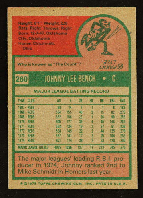 Johnny Bench 1975 Topps #260 at PristineAuction.com Johnny Bench 1975 Topps #260 at PristineAuction.com