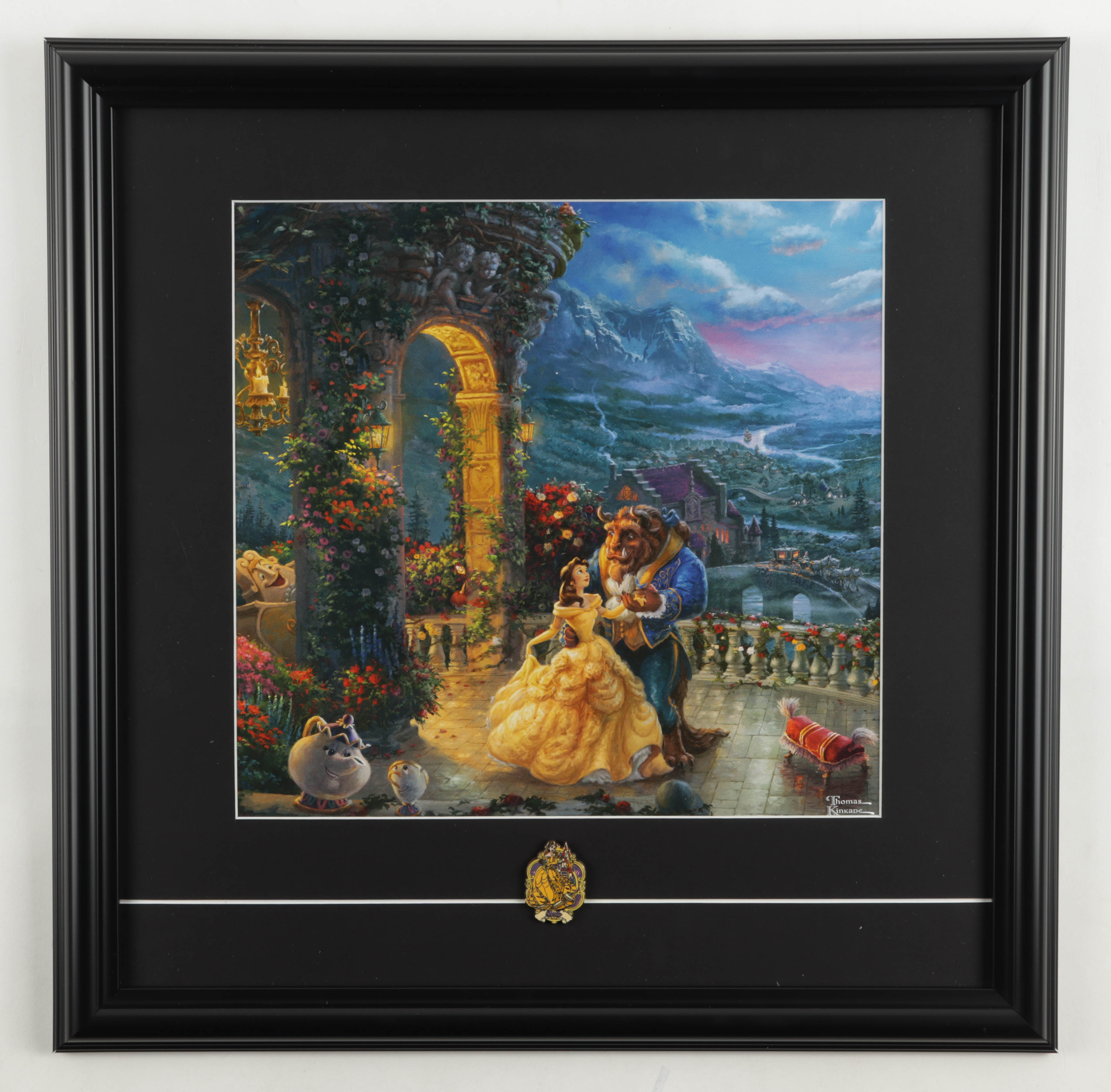 Thomas Kinkade Walt Disney's "Beauty and The Beast" 18x18 Custom Framed Print Display with Belle Pin at PristineAuction.com Thomas Kinkade Walt Disney's "Beauty and The Beast" 18x18 Custom Framed Print Display with Belle Pin at PristineAuction.com