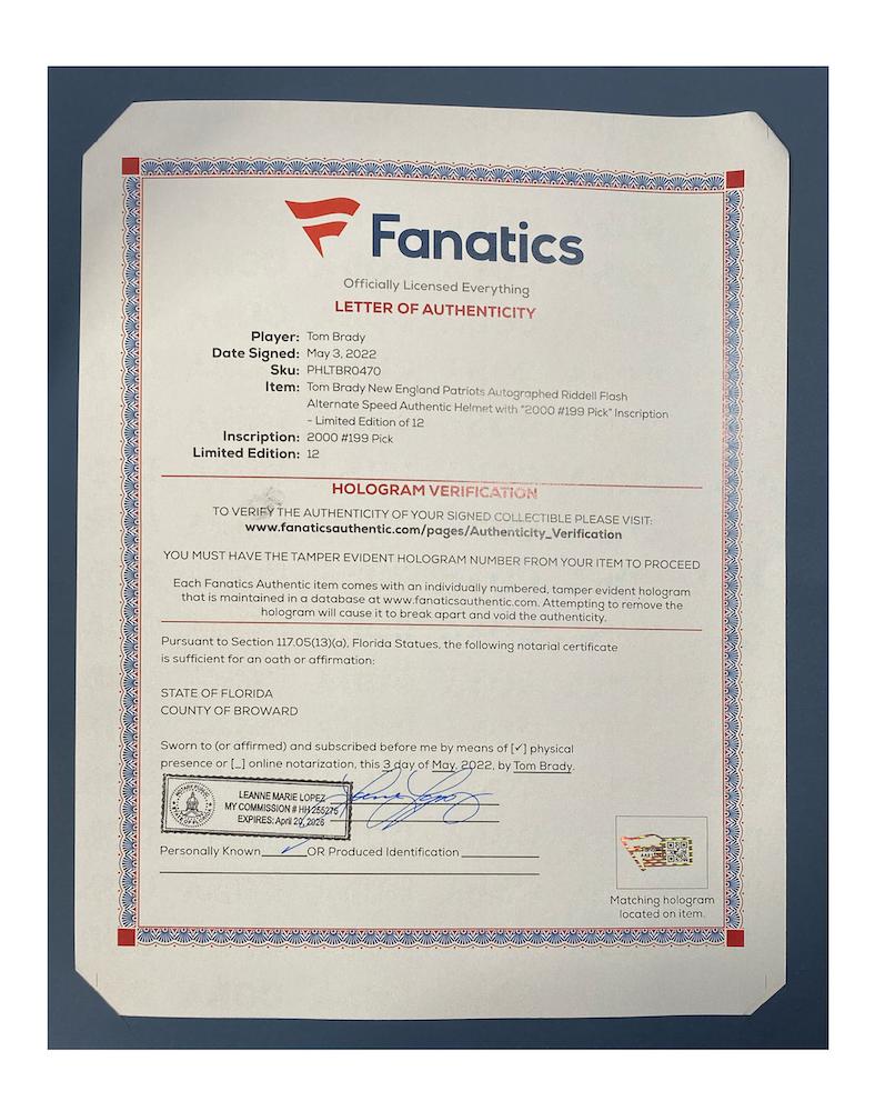 Tom Brady Signed LE Patriots Full-Size Authentic On-Field Flash Alternate Speed Helmet Inscribed "2000 Pick #199" (Fanatics) at PristineAuction.com Tom Brady Signed LE Patriots Full-Size Authentic On-Field Flash Alternate Speed Helmet Inscribed "2000 Pick #199" (Fanatics) at PristineAuction.com