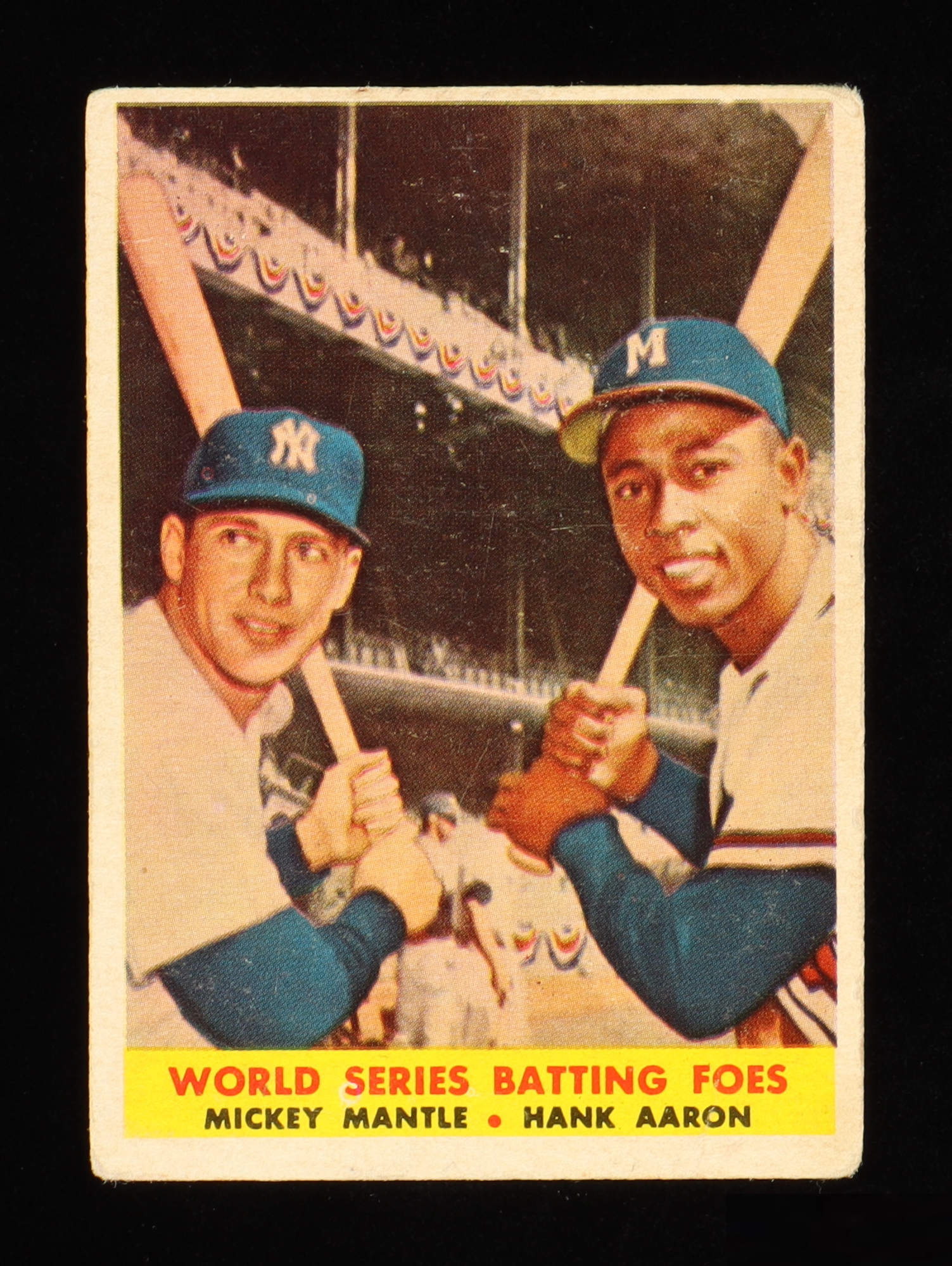 Mickey Mantle / Hank Aaron 1958 Topps World Series Batting Foes #418 at PristineAuction.com Mickey Mantle / Hank Aaron 1958 Topps World Series Batting Foes #418 at PristineAuction.com