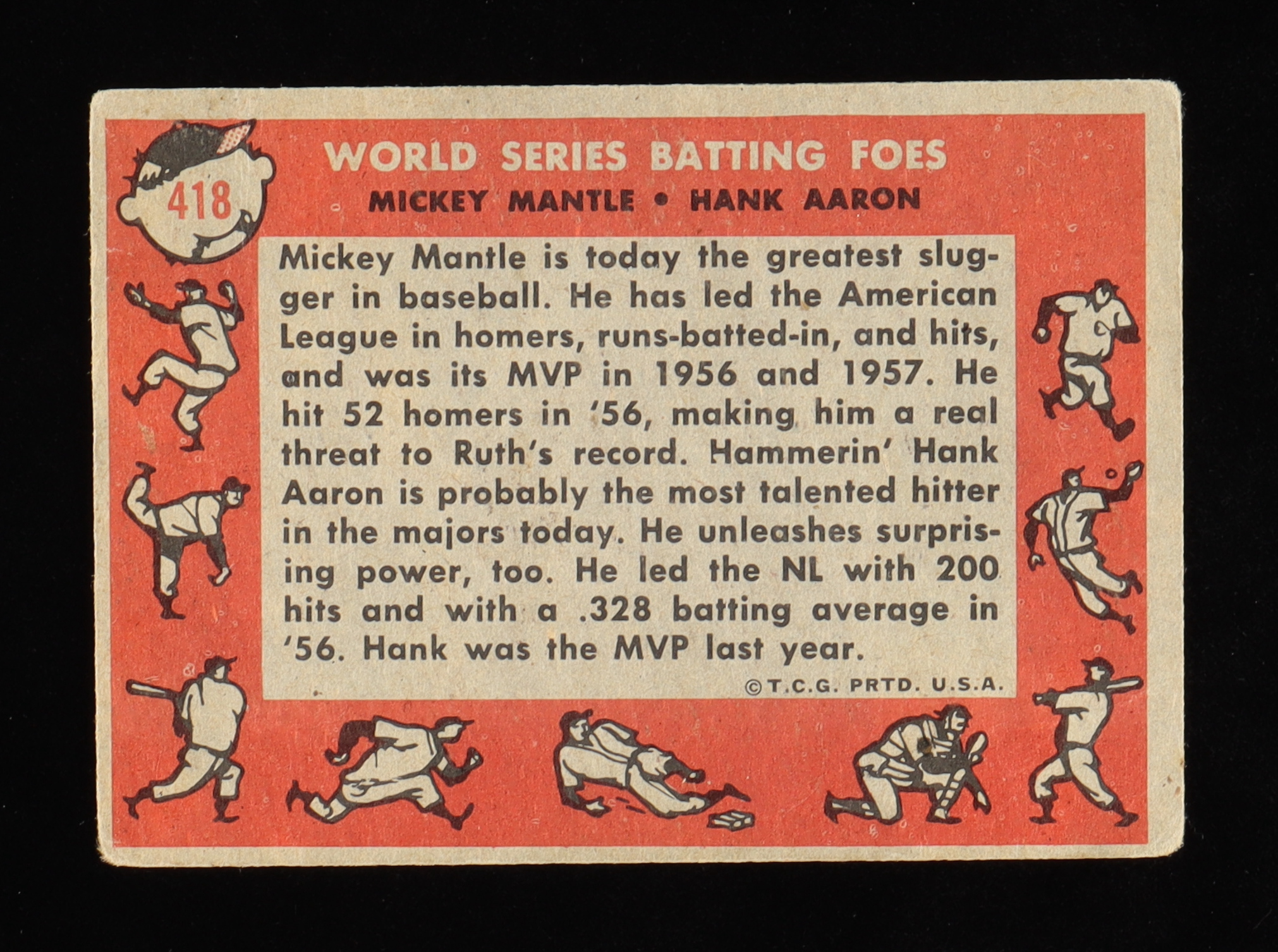 Mickey Mantle / Hank Aaron 1958 Topps World Series Batting Foes #418 at PristineAuction.com Mickey Mantle / Hank Aaron 1958 Topps World Series Batting Foes #418 at PristineAuction.com