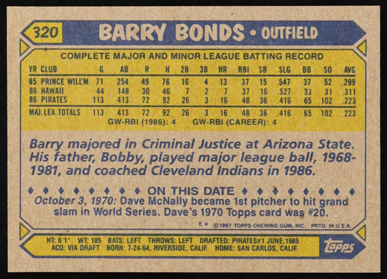 Barry Bonds 1987 Topps #320 RC at PristineAuction.com Barry Bonds 1987 Topps #320 RC at PristineAuction.com
