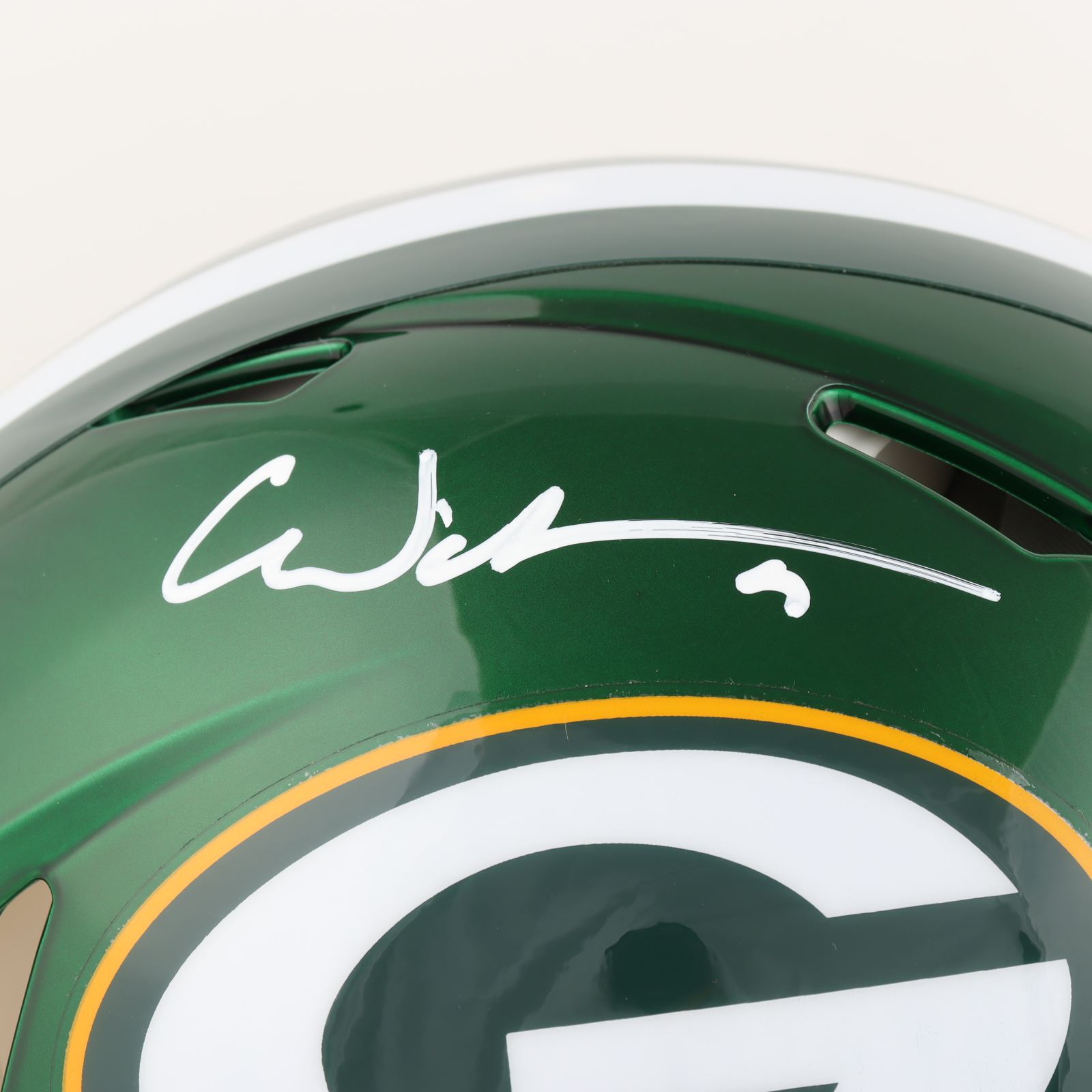 Christian Watson Signed Packers Full-Size Authentic On-Field Flash Alternate Speed Helmet (Beckett) at PristineAuction.com Christian Watson Signed Packers Full-Size Authentic On-Field Flash Alternate Speed Helmet (Beckett) at PristineAuction.com