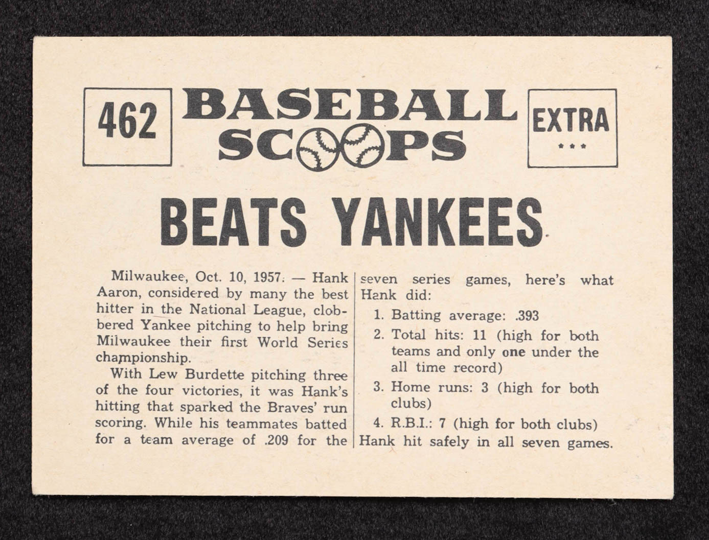 Hank Aaron 1961 Nu-Card Scoops #462 at PristineAuction.com Hank Aaron 1961 Nu-Card Scoops #462 at PristineAuction.com