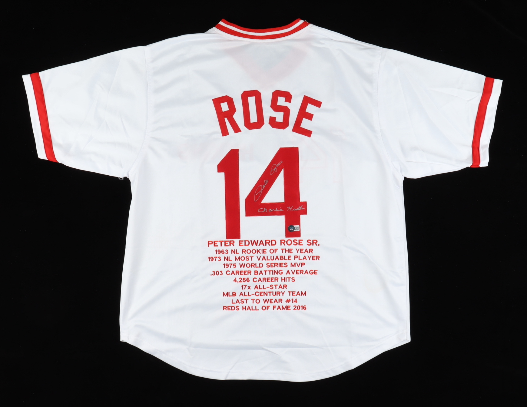 Pete Rose Signed Career Highlight Stat Jersey Inscribed "Charlie Hustle" (Beckett) at PristineAuction.com Pete Rose Signed Career Highlight Stat Jersey Inscribed "Charlie Hustle" (Beckett) at PristineAuction.com
