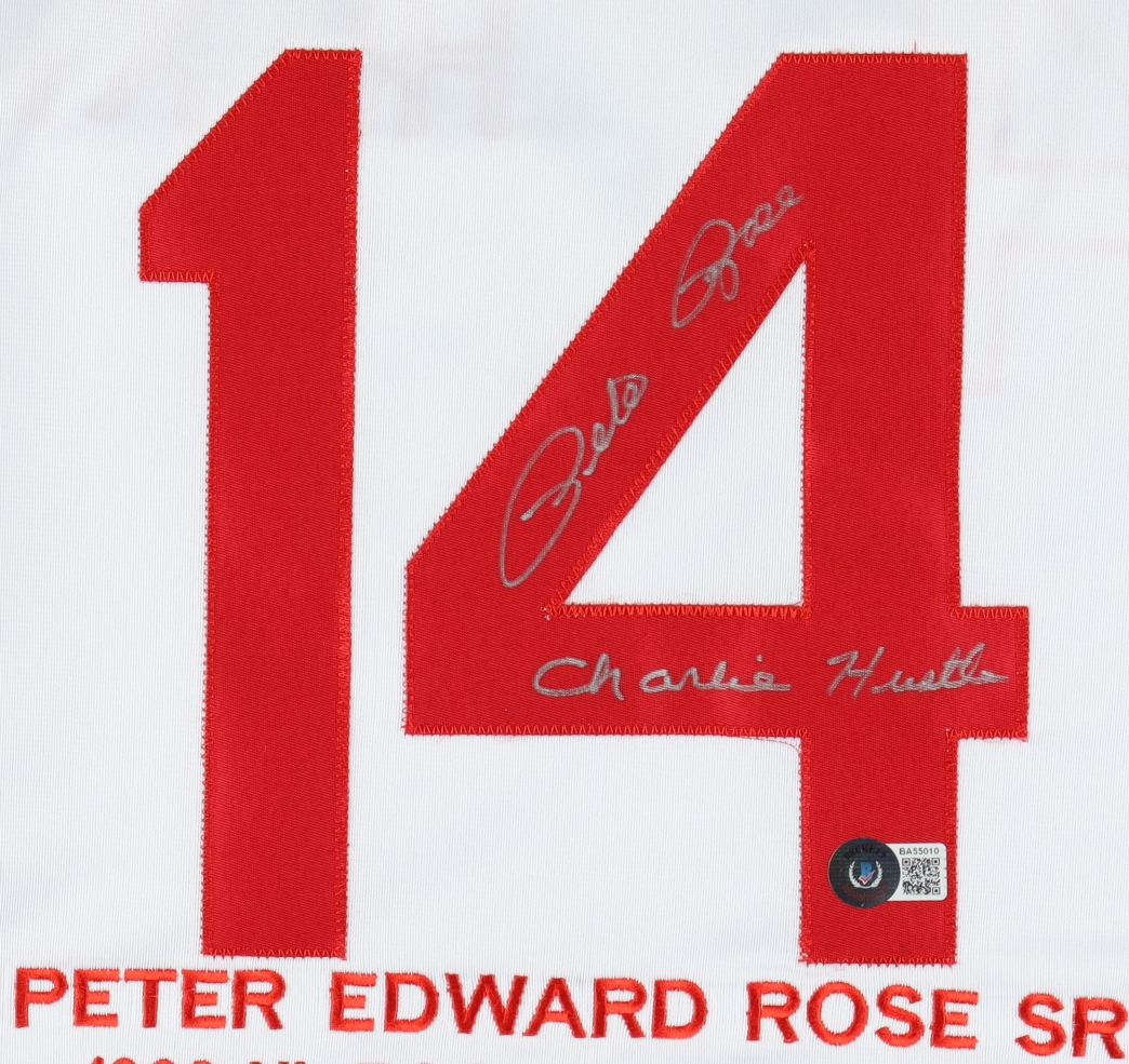Pete Rose Signed Career Highlight Stat Jersey Inscribed "Charlie Hustle" (Beckett) at PristineAuction.com Pete Rose Signed Career Highlight Stat Jersey Inscribed "Charlie Hustle" (Beckett) at PristineAuction.com