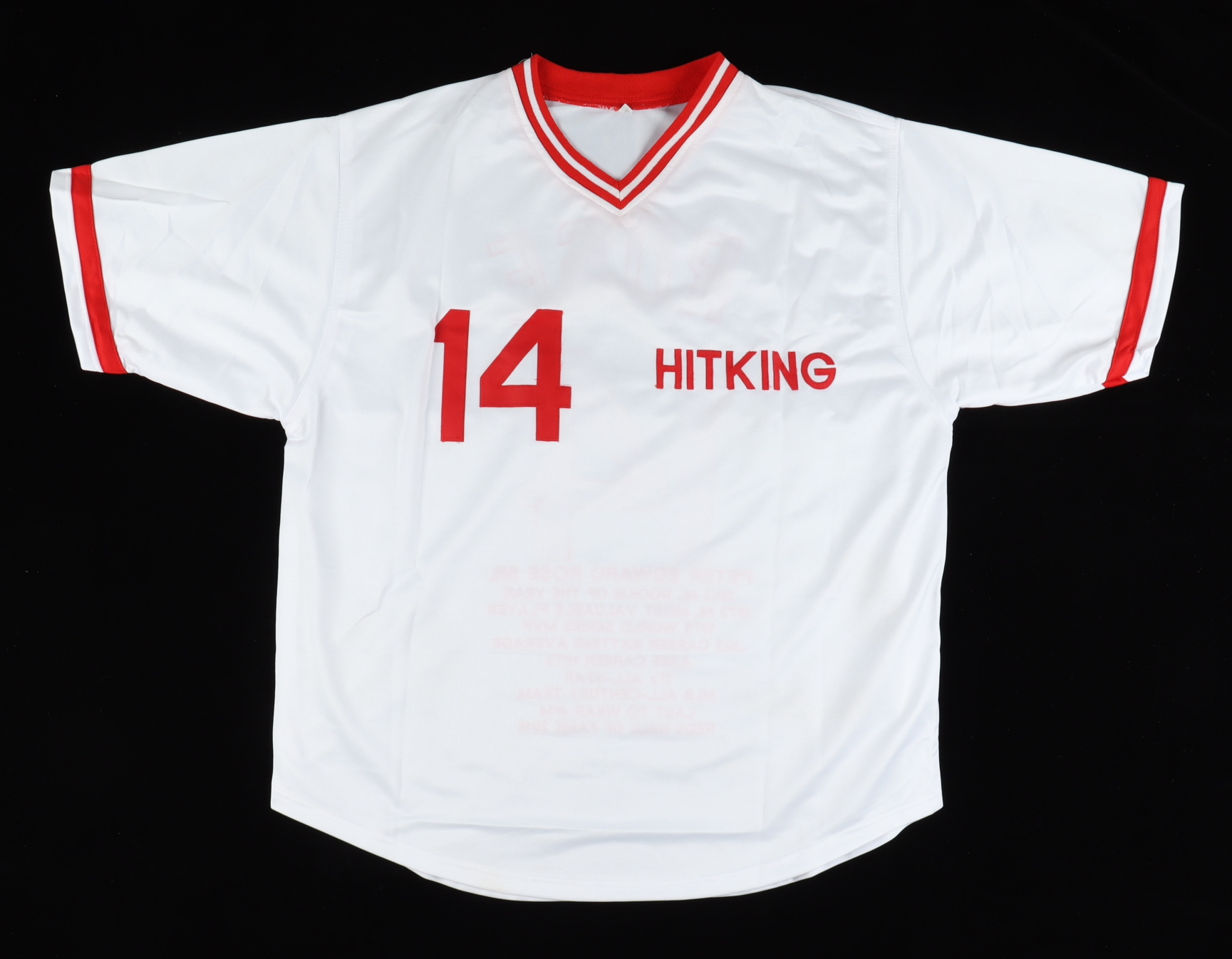 Pete Rose Signed Career Highlight Stat Jersey Inscribed "Charlie Hustle" (Beckett) at PristineAuction.com Pete Rose Signed Career Highlight Stat Jersey Inscribed "Charlie Hustle" (Beckett) at PristineAuction.com