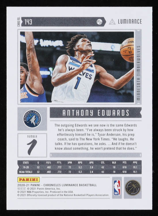 Anthony Edwards 2020-21 Panini Chronicles #143 / Luminance RC at PristineAuction.com Anthony Edwards 2020-21 Panini Chronicles #143 / Luminance RC at PristineAuction.com
