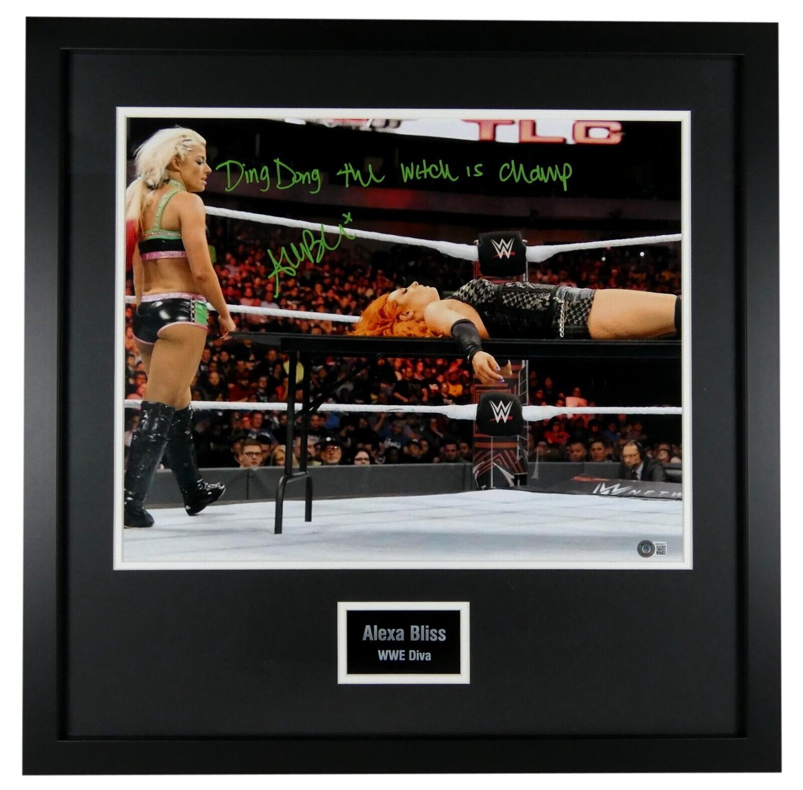 Alexa Bliss Signed WWE 26x26 Custom Framed Photo Display Inscribed "Ding Dong The Witch Is Champ" (Beckett) at PristineAuction.com Alexa Bliss Signed WWE 26x26 Custom Framed Photo Display Inscribed "Ding Dong The Witch Is Champ" (Beckett) at PristineAuction.com