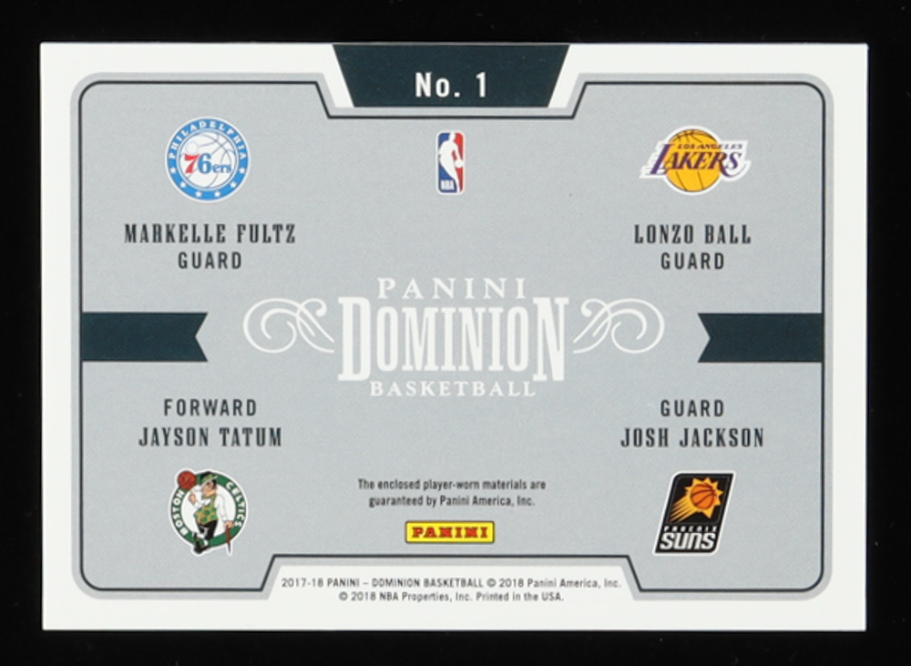 2017-18 Panini Dominion Quad Rookies Materials #1 Jayson Tatum / Lonzo Ball / Josh Jackson / Markelle Fultz #72/99 at PristineAuction.com 2017-18 Panini Dominion Quad Rookies Materials #1 Jayson Tatum / Lonzo Ball / Josh Jackson / Markelle Fultz #72/99 at PristineAuction.com