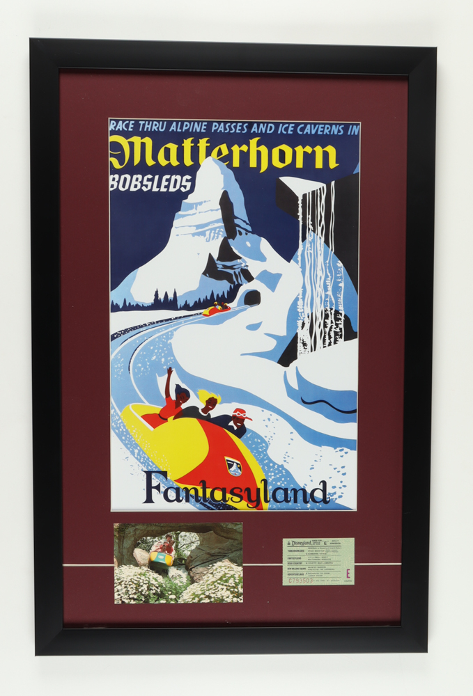 Disneyland Matterhorn Bobsleds Fantasyland 17x26 Custom Framed Display with Vintage Disneyland "E" Matterhorn Ticket & Retired Postcard at PristineAuction.com Disneyland Matterhorn Bobsleds Fantasyland 17x26 Custom Framed Display with Vintage Disneyland "E" Matterhorn Ticket & Retired Postcard at PristineAuction.com