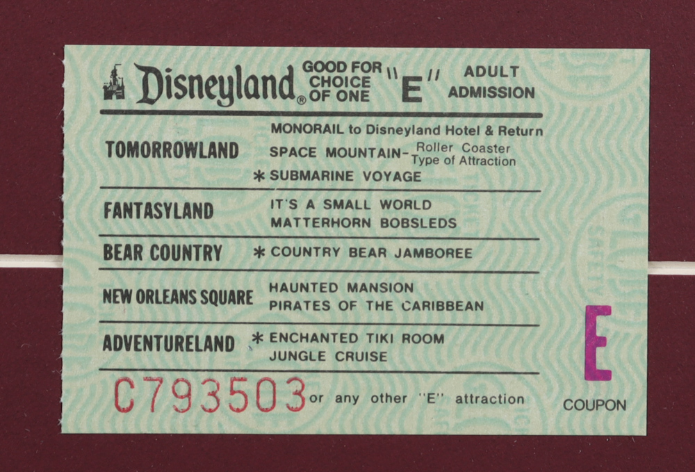 Disneyland Matterhorn Bobsleds Fantasyland 17x26 Custom Framed Display with Vintage Disneyland "E" Matterhorn Ticket & Retired Postcard at PristineAuction.com Disneyland Matterhorn Bobsleds Fantasyland 17x26 Custom Framed Display with Vintage Disneyland "E" Matterhorn Ticket & Retired Postcard at PristineAuction.com