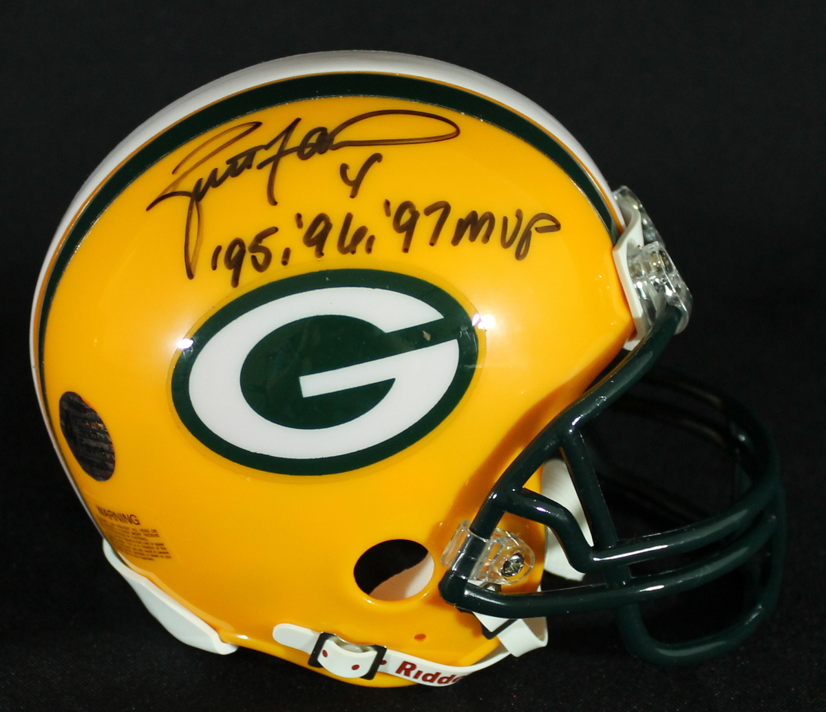 Brett Favre Signed Packers Mini-Helmet Inscribed "'95 '96 '97 MVP" (Favre COA) at PristineAuction.com Brett Favre Signed Packers Mini-Helmet Inscribed "'95 '96 '97 MVP" (Favre COA) at PristineAuction.com