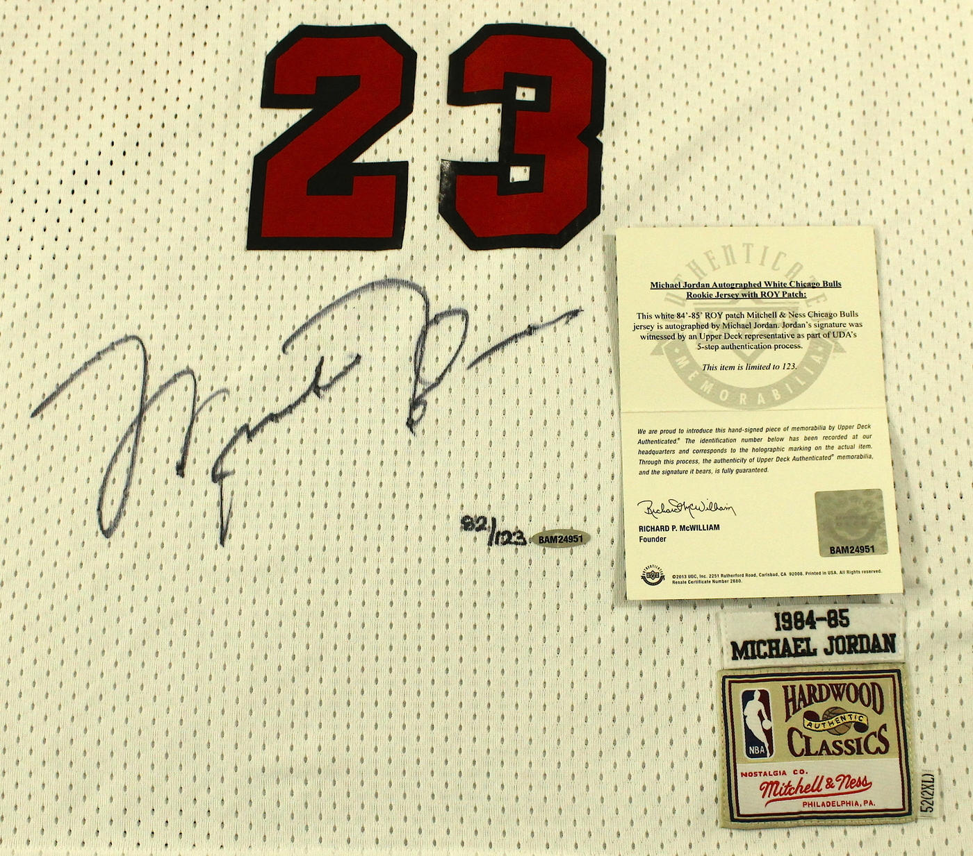 Michael Jordan Signed Limited Edition Authentic Mitchell & Ness 1984-85 "Rookie of the Year" Bulls Jersey #82/123 (UDA COA) at PristineAuction.com Michael Jordan Signed Limited Edition Authentic Mitchell & Ness 1984-85 "Rookie of the Year" Bulls Jersey #82/123 (UDA COA) at PristineAuction.com
