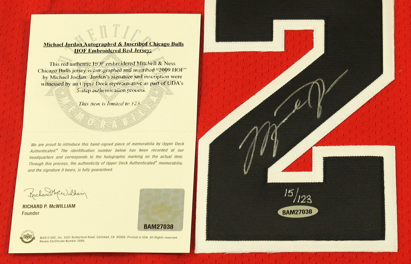 Michael Jordan Signed Limited Edition Authentic Mitchell & Ness "Hall of Fame" Bulls Jersey Inscribed "2009 HOF" #15/123 (UDA COA) at PristineAuction.com Michael Jordan Signed Limited Edition Authentic Mitchell & Ness "Hall of Fame" Bulls Jersey Inscribed "2009 HOF" #15/123 (UDA COA) at PristineAuction.com