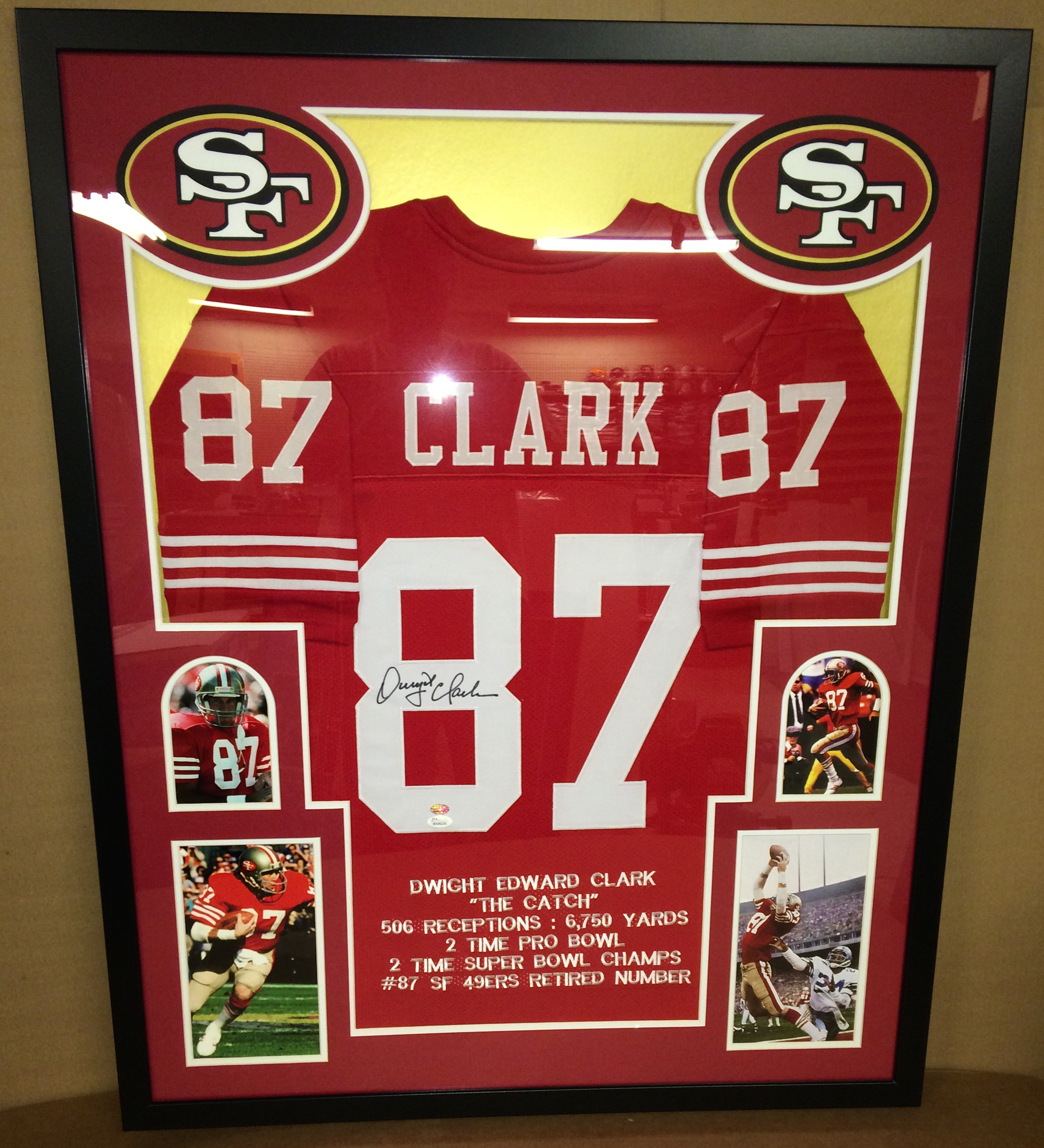 Dwight Clark Signed 49ers 35" x 43" Custom Framed "The Catch" Career Highlight Stat Jersey (Clark Hologram & JSA COA) at PristineAuction.com Dwight Clark Signed 49ers 35" x 43" Custom Framed "The Catch" Career Highlight Stat Jersey (Clark Hologram & JSA COA) at PristineAuction.com