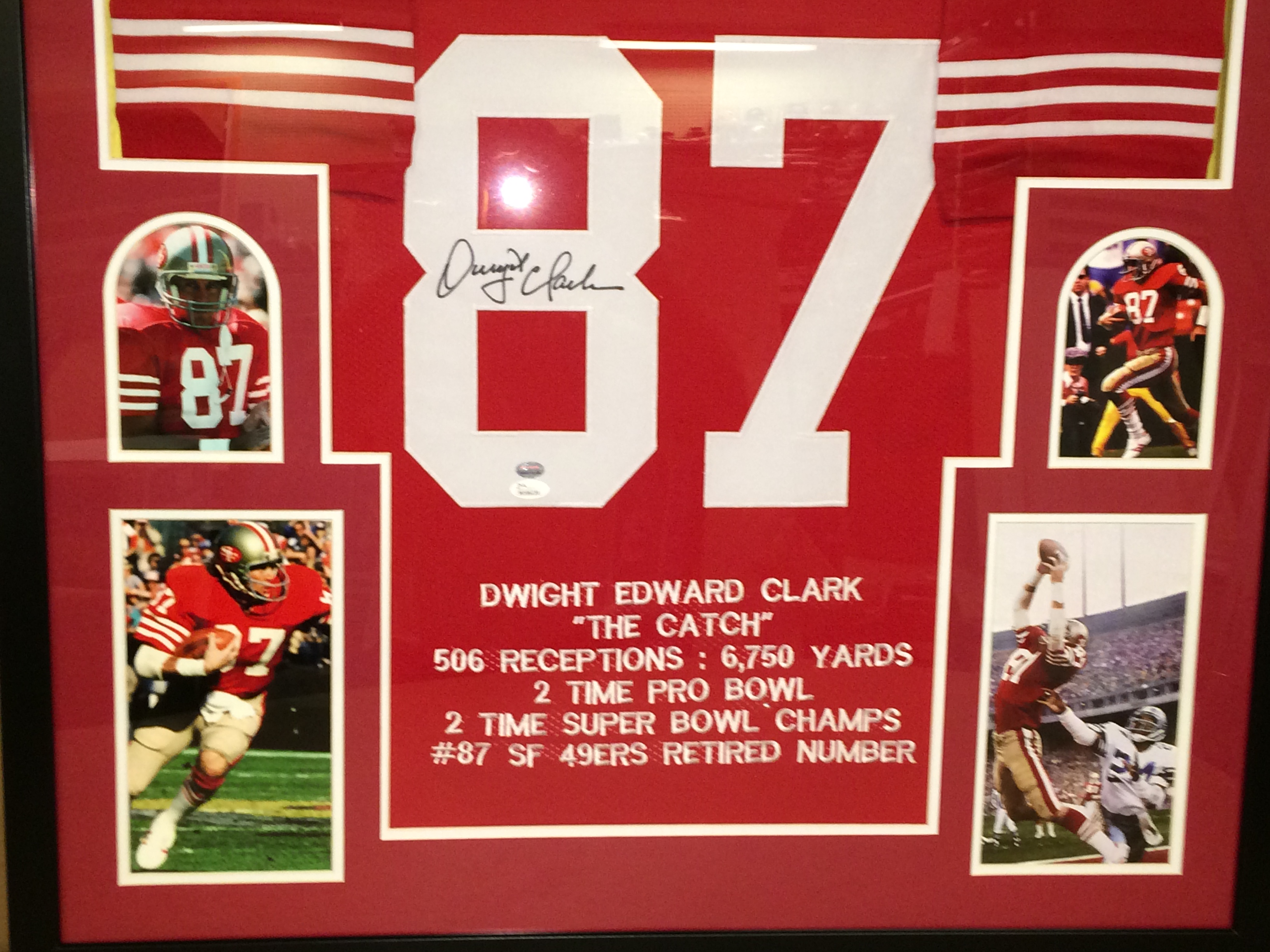 Dwight Clark Signed 49ers 35" x 43" Custom Framed "The Catch" Career Highlight Stat Jersey (Clark Hologram & JSA COA) at PristineAuction.com Dwight Clark Signed 49ers 35" x 43" Custom Framed "The Catch" Career Highlight Stat Jersey (Clark Hologram & JSA COA) at PristineAuction.com