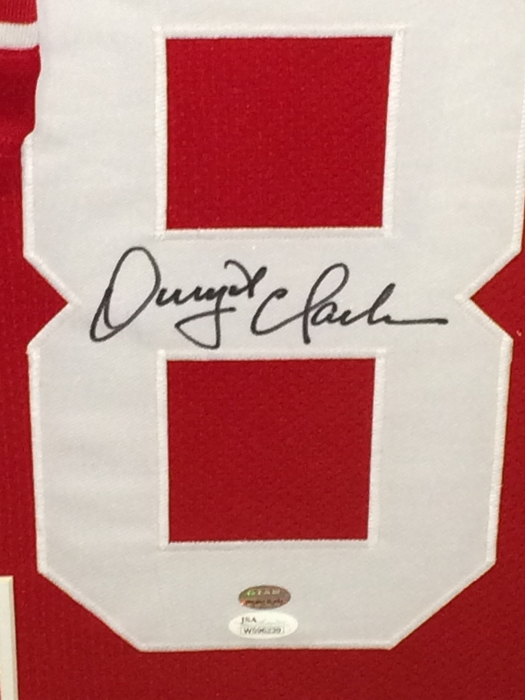Dwight Clark Signed 49ers 35" x 43" Custom Framed "The Catch" Career Highlight Stat Jersey (Clark Hologram & JSA COA) at PristineAuction.com Dwight Clark Signed 49ers 35" x 43" Custom Framed "The Catch" Career Highlight Stat Jersey (Clark Hologram & JSA COA) at PristineAuction.com