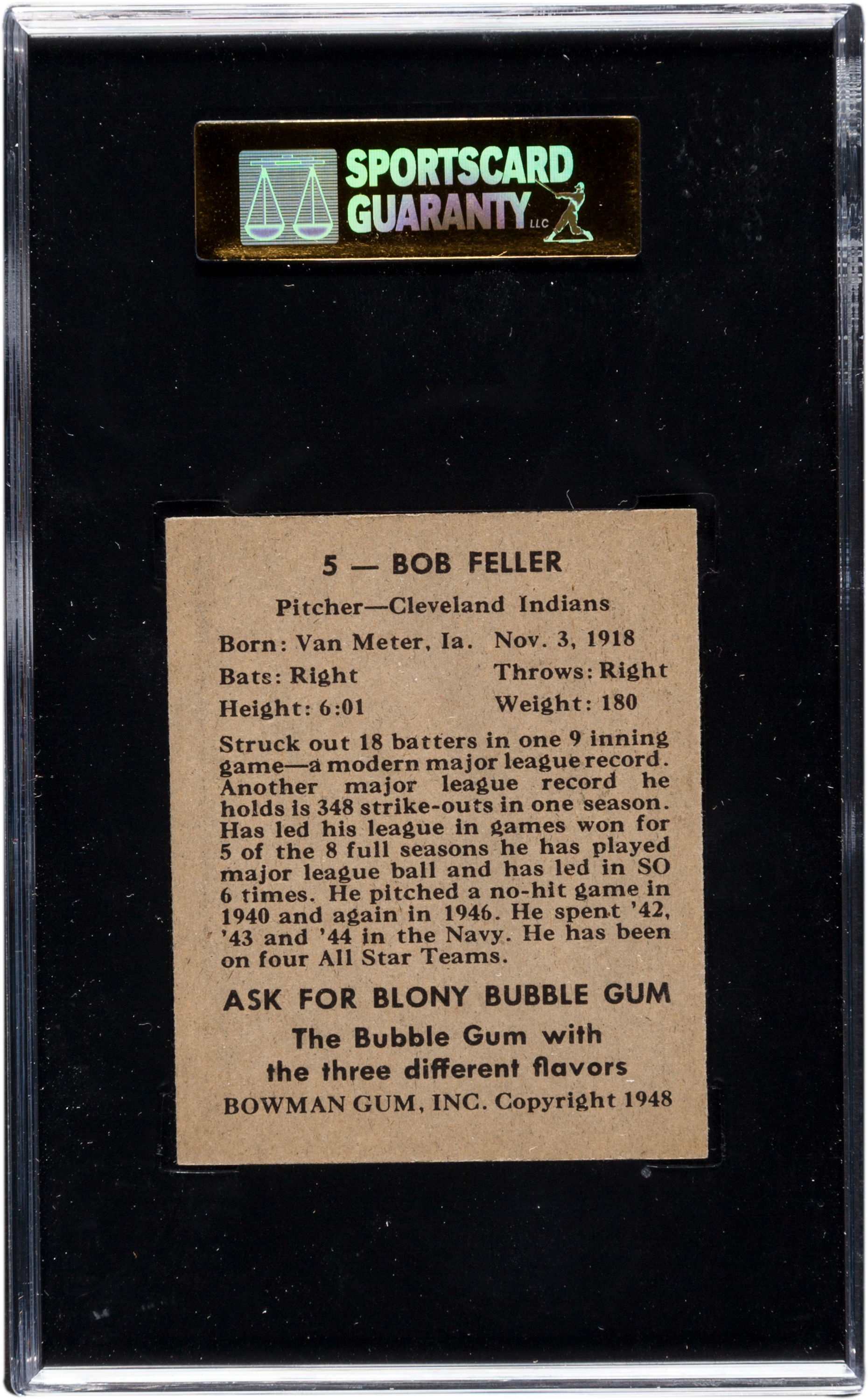 Bob Feller 1948 Bowman #5 Rookie Card (SGC 9) at PristineAuction.com Bob Feller 1948 Bowman #5 Rookie Card (SGC 9) at PristineAuction.com
