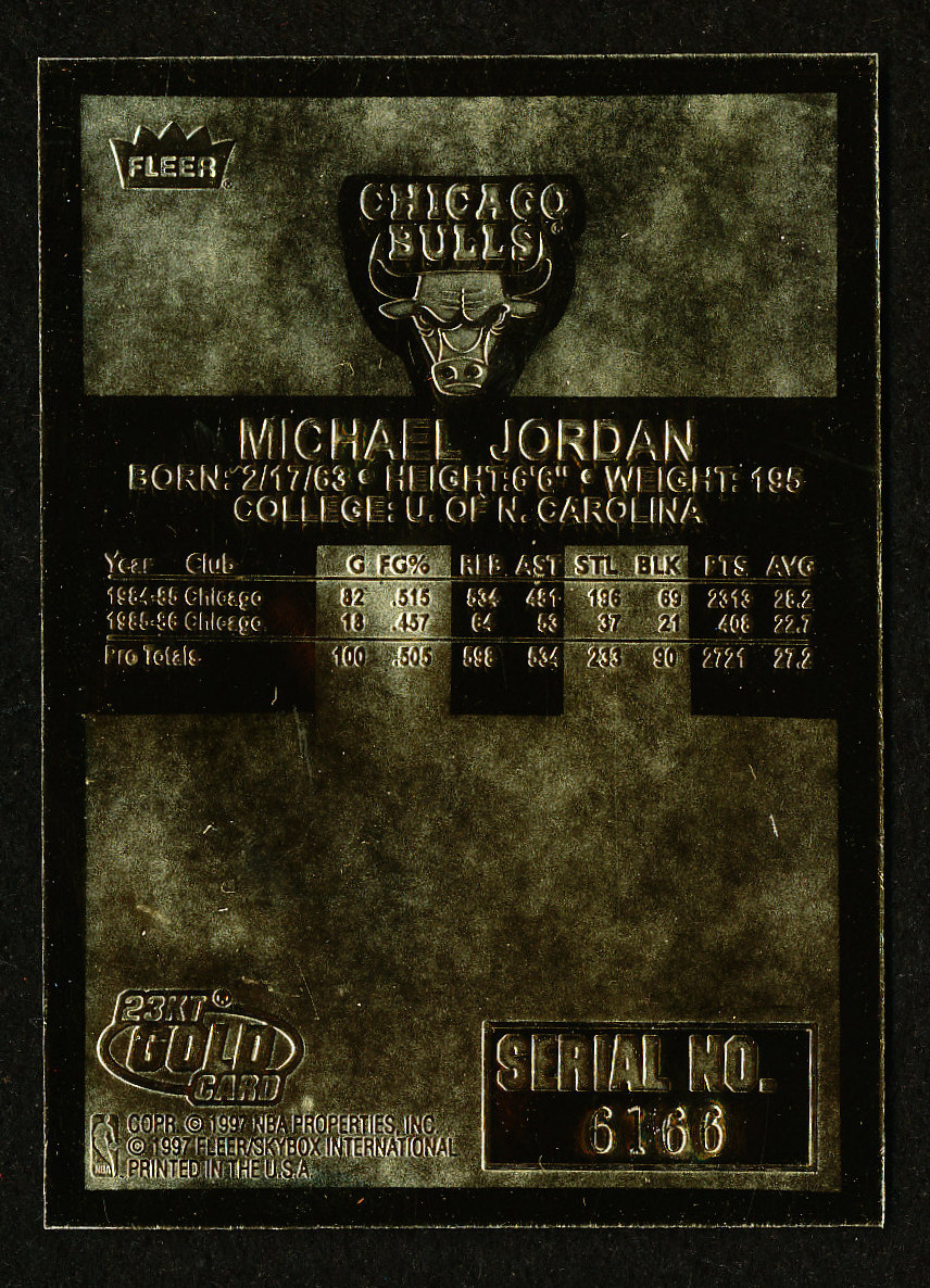 1986-87 Fleer Michael Jordan RC NBA 23K Gold Limited Edition Card at PristineAuction.com 1986-87 Fleer Michael Jordan RC NBA 23K Gold Limited Edition Card at PristineAuction.com