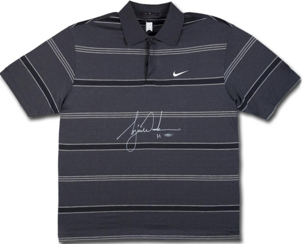 Tiger Woods Signed Tournament Used Black Nike Golf Shirt #1/1 (UDA COA) at PristineAuction.com Tiger Woods Signed Tournament Used Black Nike Golf Shirt #1/1 (UDA COA) at PristineAuction.com