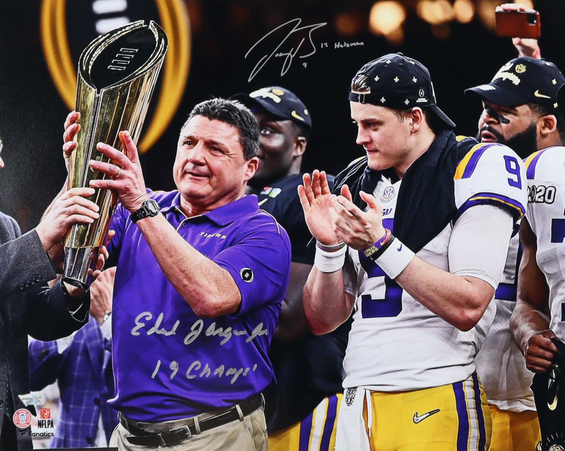 Ed Orgeron & Joe Burrow Signed LSU Tigers 16x20 Photo Inscribed "19 Champs" & "19 Heisman" (Fanatics) at PristineAuction.com Ed Orgeron & Joe Burrow Signed LSU Tigers 16x20 Photo Inscribed "19 Champs" & "19 Heisman" (Fanatics) at PristineAuction.com