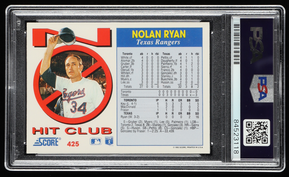 Nolan Ryan Signed 1992 Score #425 No Hit Club (PSA) at PristineAuction.com Nolan Ryan Signed 1992 Score #425 No Hit Club (PSA) at PristineAuction.com