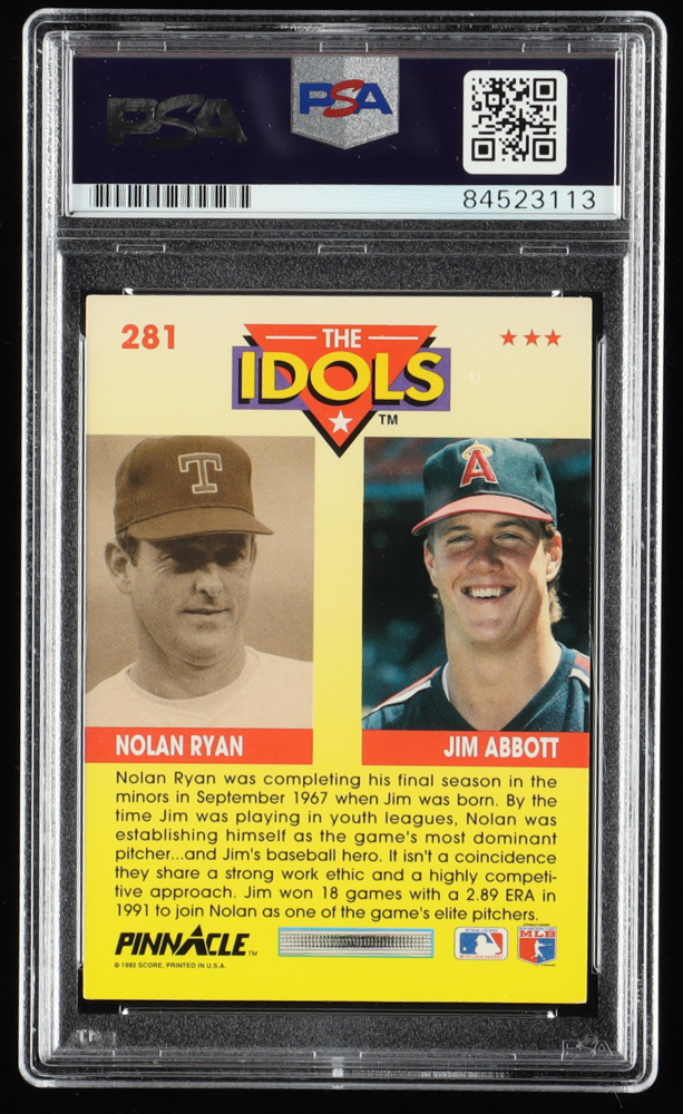 Nolan Ryan Signed 1992 Pinnacle #281 Jim Abbott Idols (PSA) at PristineAuction.com Nolan Ryan Signed 1992 Pinnacle #281 Jim Abbott Idols (PSA) at PristineAuction.com