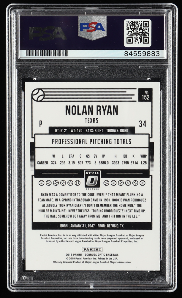 Nolan Ryan Signed 2018 Donruss Optic #152 (PSA) at PristineAuction.com Nolan Ryan Signed 2018 Donruss Optic #152 (PSA) at PristineAuction.com