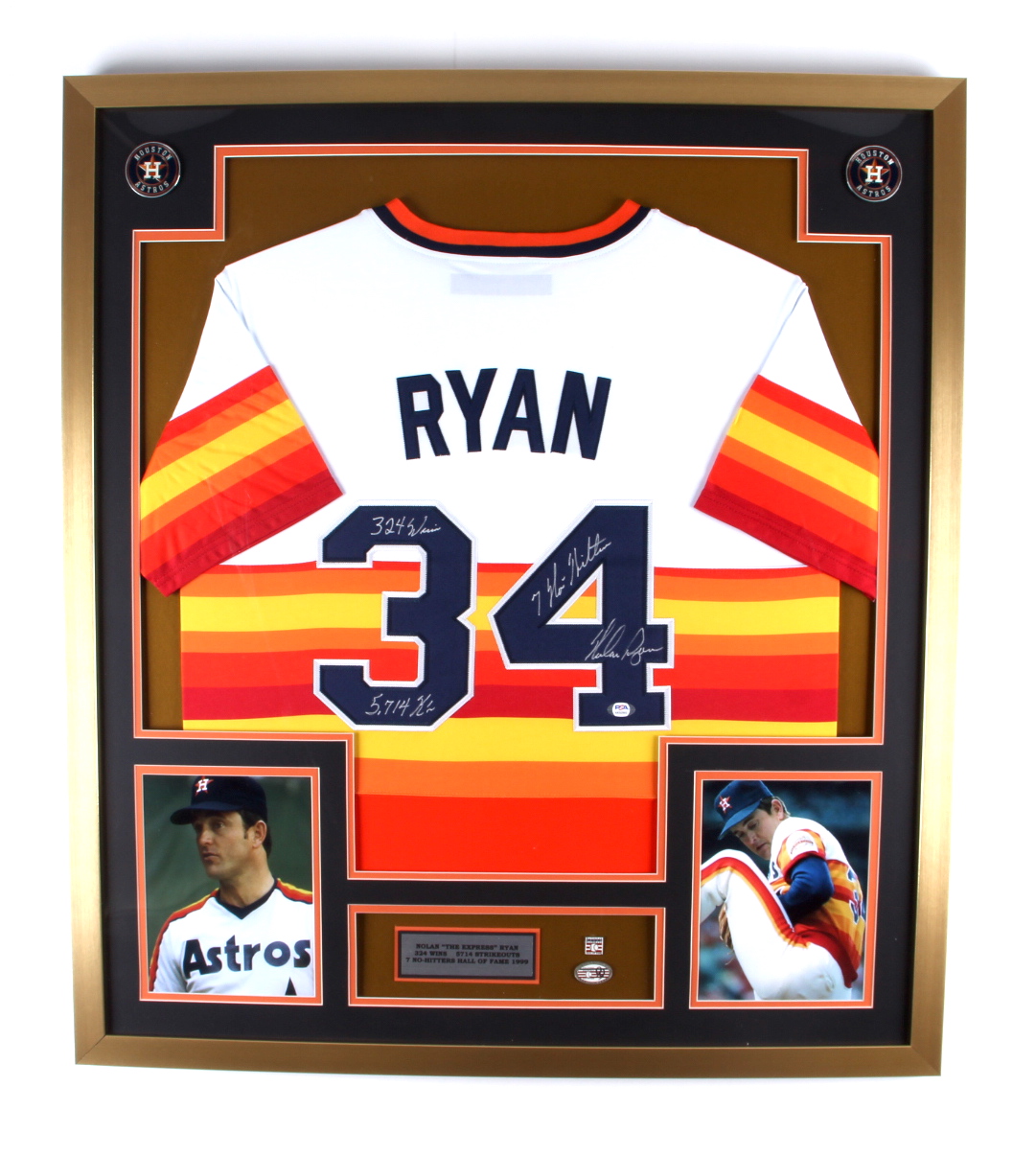 Nolan Ryan Signed Astros 32x36 Custom Framed Jersey & Hall of Fame Pins Display with Multiple Inscriptions (PSA) at PristineAuction.com Nolan Ryan Signed Astros 32x36 Custom Framed Jersey & Hall of Fame Pins Display with Multiple Inscriptions (PSA) at PristineAuction.com
