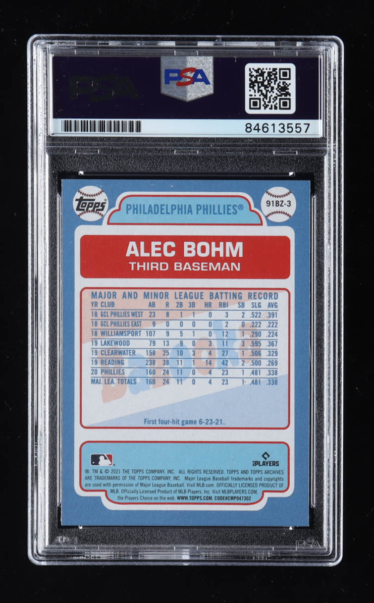 Alec Bohm Signed 2021 Topps Archives '91 Bazooka Shining Stars #91BZ3 RC (PSA) at PristineAuction.com Alec Bohm Signed 2021 Topps Archives '91 Bazooka Shining Stars #91BZ3 RC (PSA) at PristineAuction.com