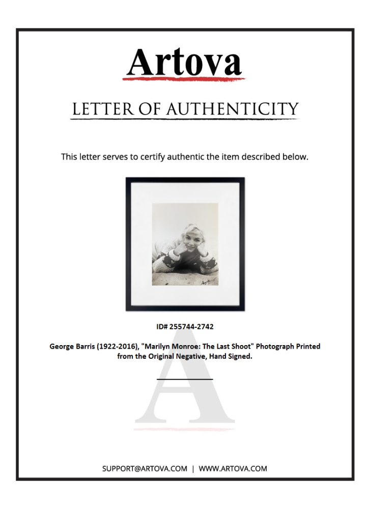 "Marilyn Monroe: The Last Shoot" 19x22 Custom Framed Photograph Printed from the Original Negative by George Barris (Artova) at PristineAuction.com "Marilyn Monroe: The Last Shoot" 19x22 Custom Framed Photograph Printed from the Original Negative by George Barris (Artova) at PristineAuction.com