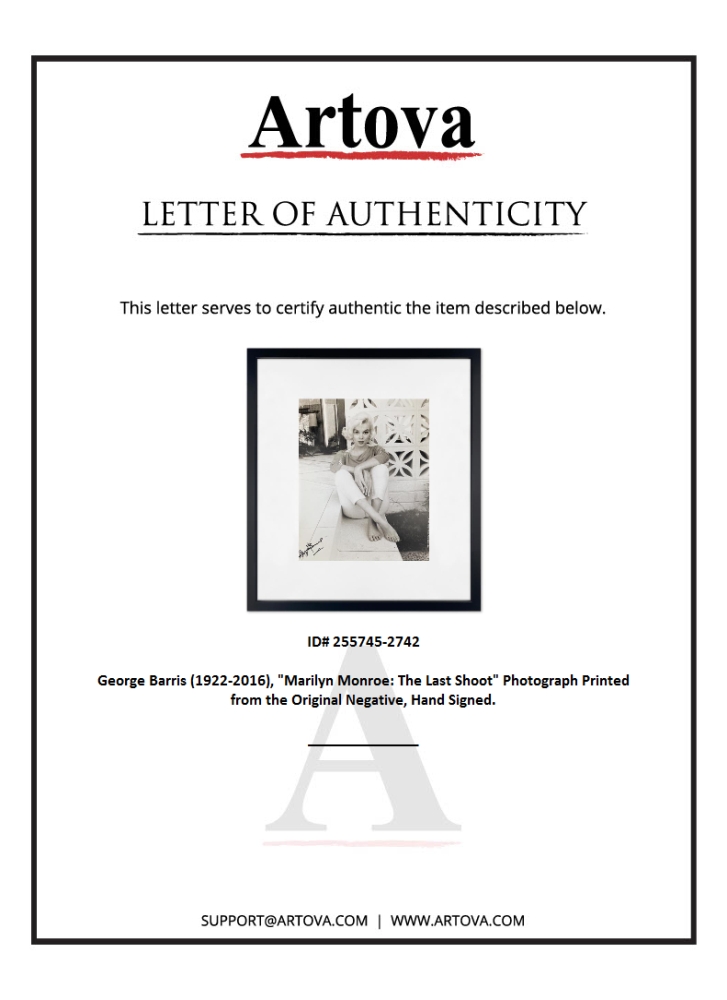 "Marilyn Monroe: The Last Shoot" 19x22 Custom Framed Photograph Printed from the Original Negative by George Barris (Artova) at PristineAuction.com "Marilyn Monroe: The Last Shoot" 19x22 Custom Framed Photograph Printed from the Original Negative by George Barris (Artova) at PristineAuction.com