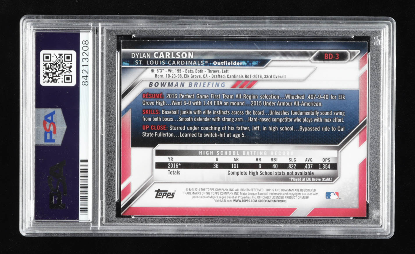 Dylan Carlson Signed 2016 Bowman Draft #BD3 (PSA) at PristineAuction.com Dylan Carlson Signed 2016 Bowman Draft #BD3 (PSA) at PristineAuction.com