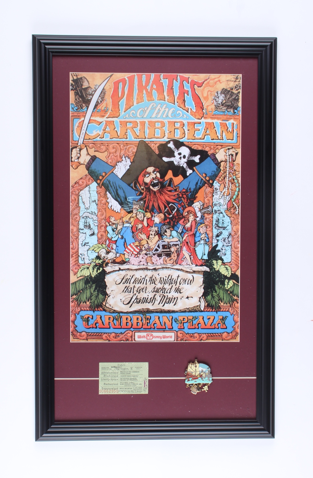 Walt Disney's "Pirates of the Caribbean" 15x25 Custom Framed Print Display with Vintage Disney World "E" Ticket & Official Hanging Pin at PristineAuction.com Walt Disney's "Pirates of the Caribbean" 15x25 Custom Framed Print Display with Vintage Disney World "E" Ticket & Official Hanging Pin at PristineAuction.com