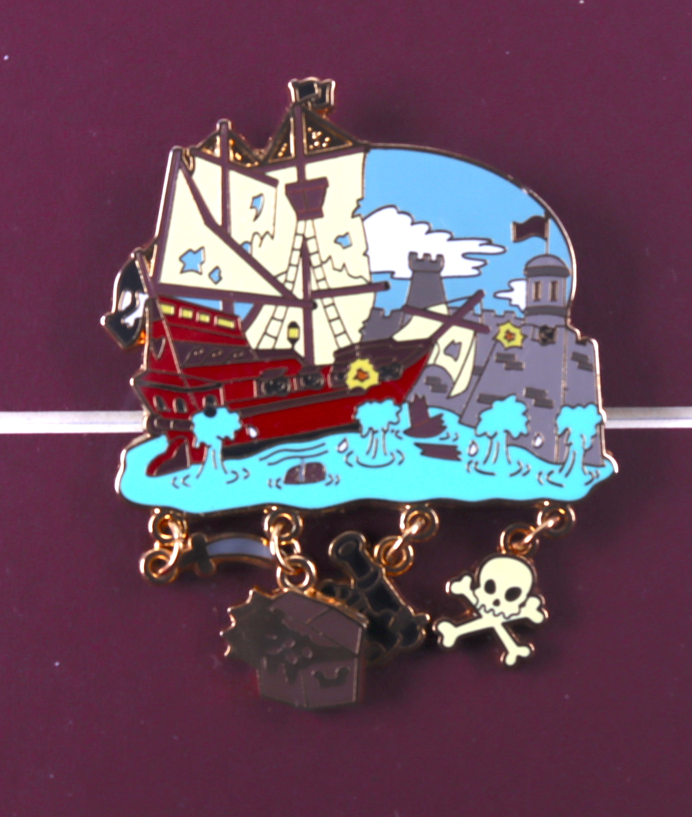 Walt Disney's "Pirates of the Caribbean" 15x25 Custom Framed Print Display with Vintage Disney World "E" Ticket & Official Hanging Pin at PristineAuction.com Walt Disney's "Pirates of the Caribbean" 15x25 Custom Framed Print Display with Vintage Disney World "E" Ticket & Official Hanging Pin at PristineAuction.com