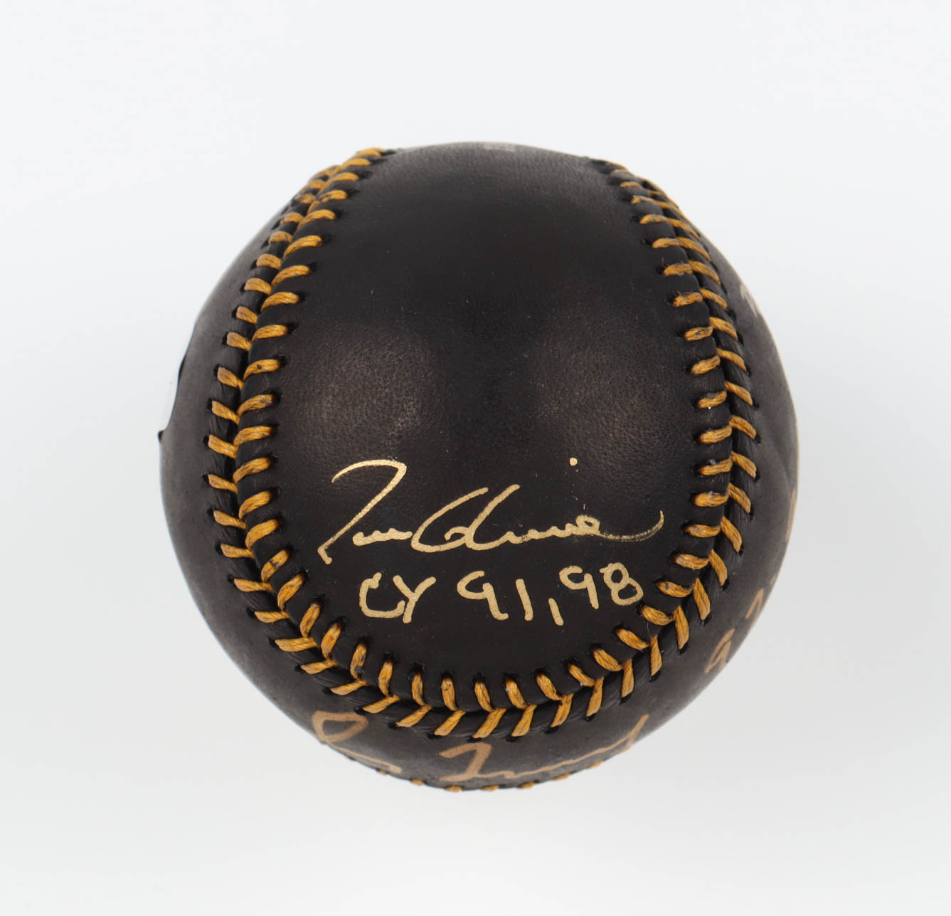 Greg Maddux, Tom Glavine & John Smoltz Signed OML Black Leather Baseball with (3) Cy Young Award Year Inscriptions (Radtke) at PristineAuction.com Greg Maddux, Tom Glavine & John Smoltz Signed OML Black Leather Baseball with (3) Cy Young Award Year Inscriptions (Radtke) at PristineAuction.com