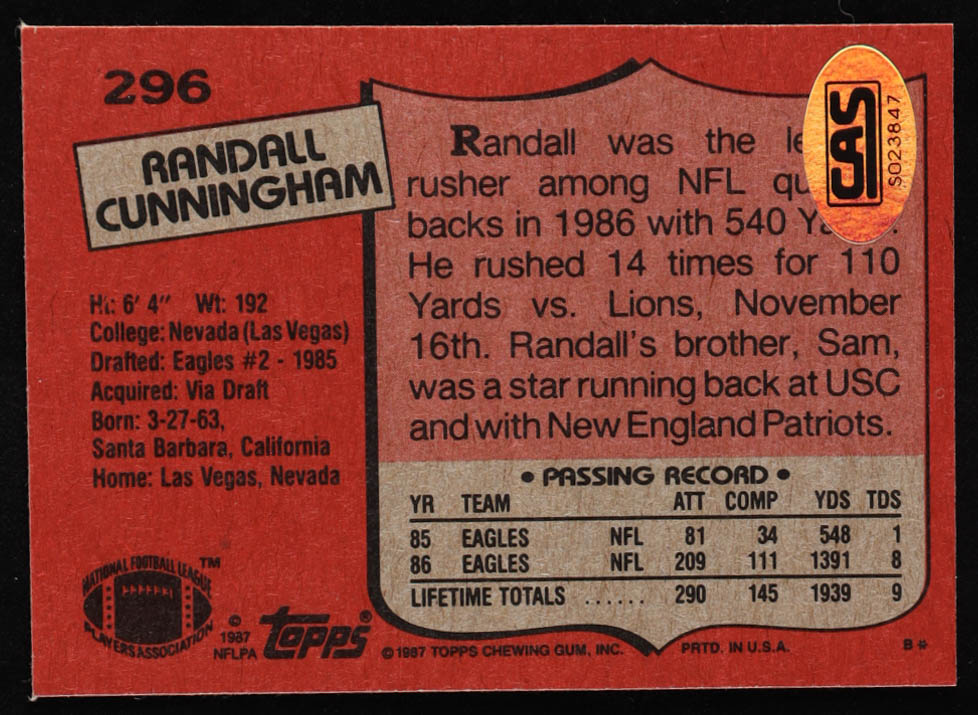 Randall Cunningham Signed 1987 Topps #296 RC (CAS) at PristineAuction.com Randall Cunningham Signed 1987 Topps #296 RC (CAS) at PristineAuction.com