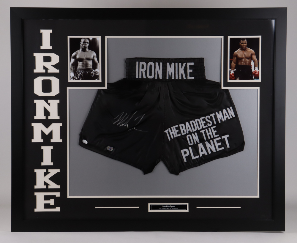Mike Tyson Signed "Iron Mike" 35x43 Custom Framed Boxing Shorts Display (JSA & Tyson) at PristineAuction.com Mike Tyson Signed "Iron Mike" 35x43 Custom Framed Boxing Shorts Display (JSA & Tyson) at PristineAuction.com