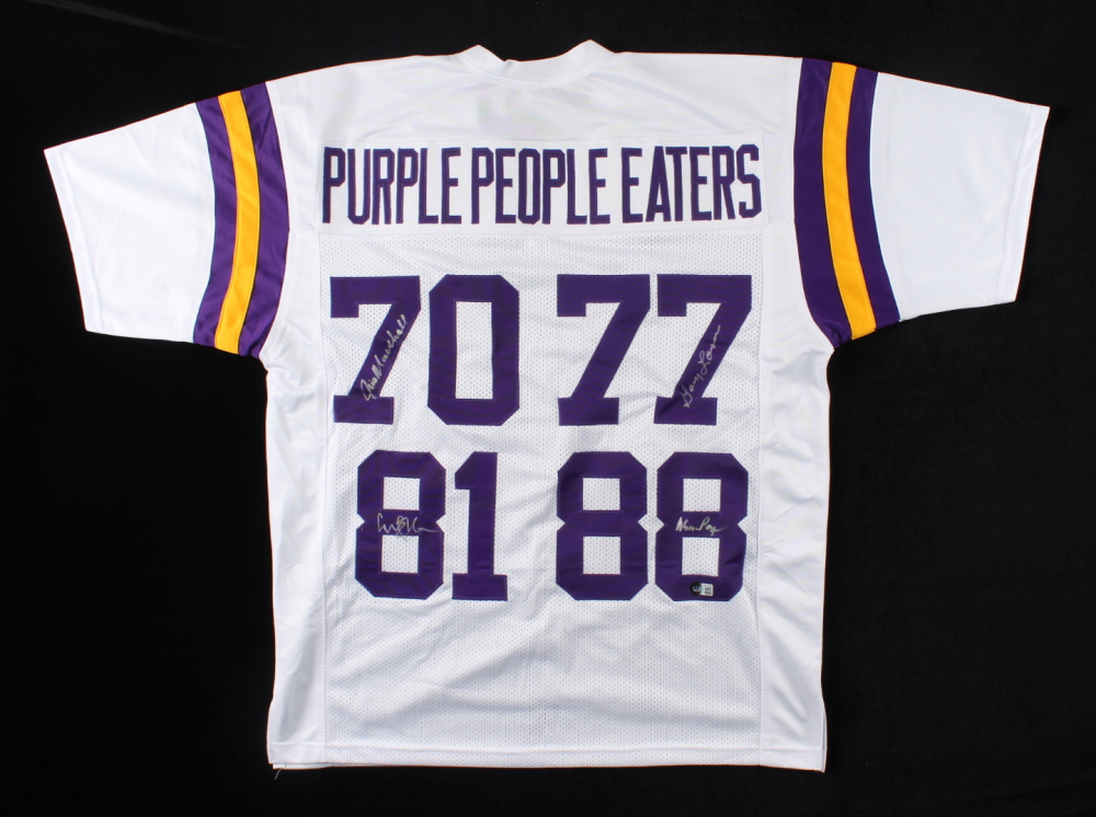 "Purple People Eaters" Jersey Signed by (4) with Alan Page, Carl Eller, Jim Marshall, & Gary Larsen (Beckett) at PristineAuction.com "Purple People Eaters" Jersey Signed by (4) with Alan Page, Carl Eller, Jim Marshall, & Gary Larsen (Beckett) at PristineAuction.com