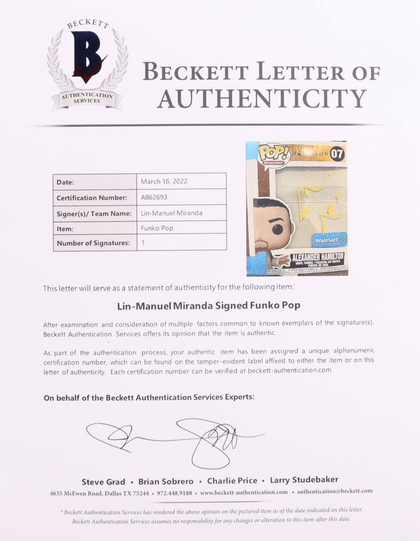 Lin-Manuel Miranda Signed "Hamilton" Alexander Hamilton #07 Funko Pop! Vinyl Figure (Beckett) at PristineAuction.com Lin-Manuel Miranda Signed "Hamilton" Alexander Hamilton #07 Funko Pop! Vinyl Figure (Beckett) at PristineAuction.com