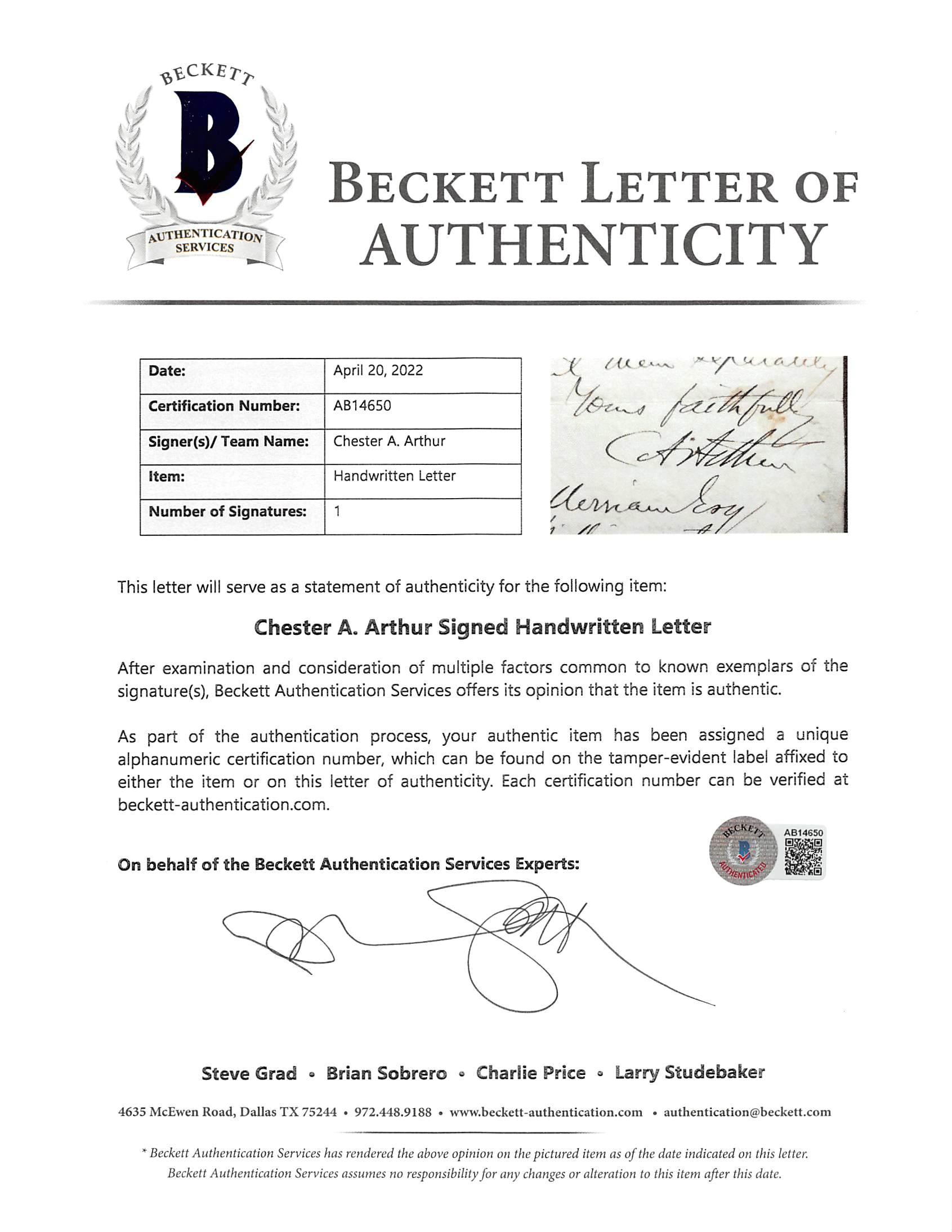 Chester A. Arthur Signed 5.5x8.25 Custom Matted Letter (Beckett) at PristineAuction.com Chester A. Arthur Signed 5.5x8.25 Custom Matted Letter (Beckett) at PristineAuction.com