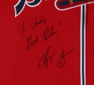 Chipper Jones Signed Braves Jersey Inscribed "God Bless!" (Beckett) at PristineAuction.com Chipper Jones Signed Braves Jersey Inscribed "God Bless!" (Beckett) at PristineAuction.com
