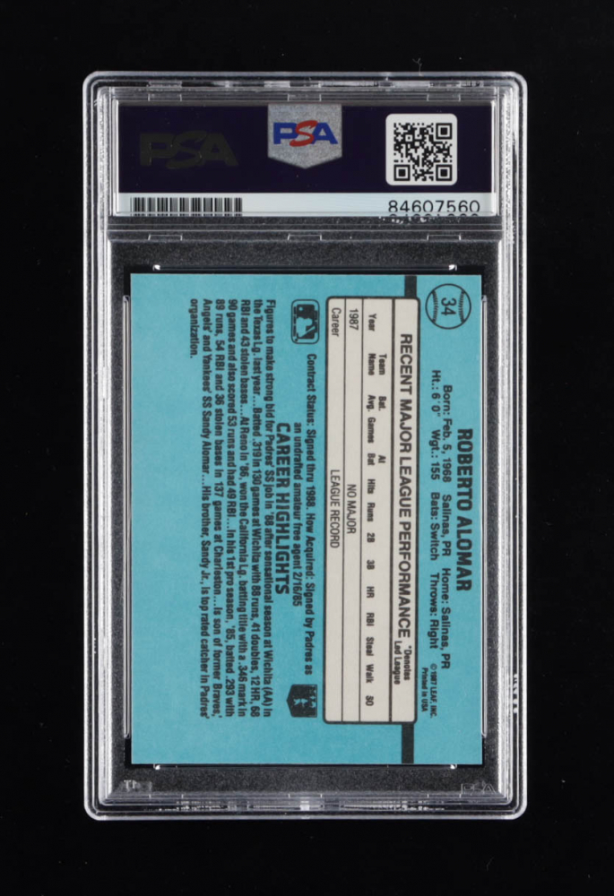 Roberto Alomar Signed 1988 Donruss #34 RC (PSA) at PristineAuction.com Roberto Alomar Signed 1988 Donruss #34 RC (PSA) at PristineAuction.com
