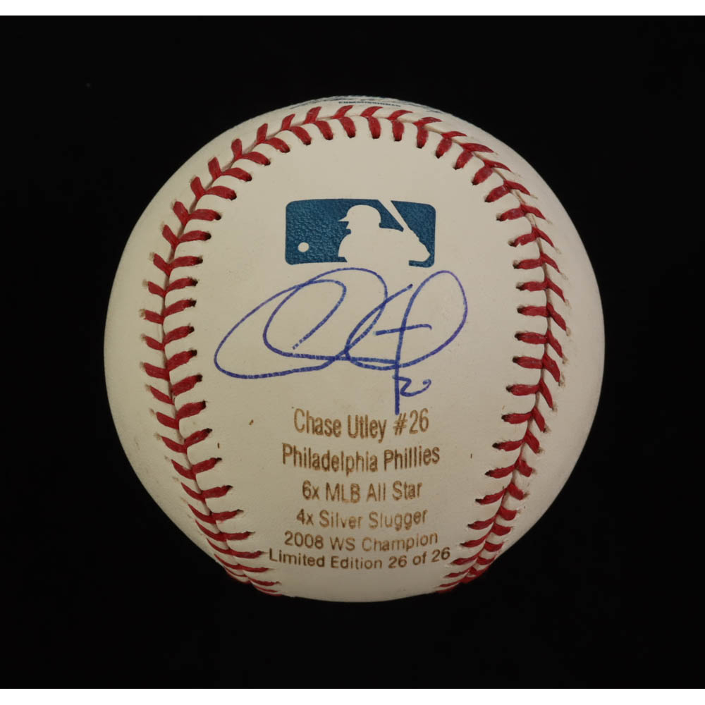 Chase Utley Signed LE OML Stat Engraved Baseball (JSA) Pristine Auction